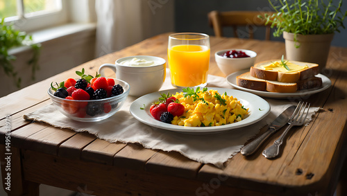 Breakfast Spread Delight: A visually captivating breakfast spread featuring a diverse array of nutritious and mouthwatering dishes, creating an inviting start to the day. 