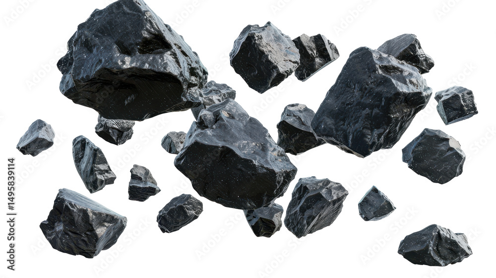 Naklejka premium Floating black rocks scattered in mid-air, showcasing natural textures and shapes