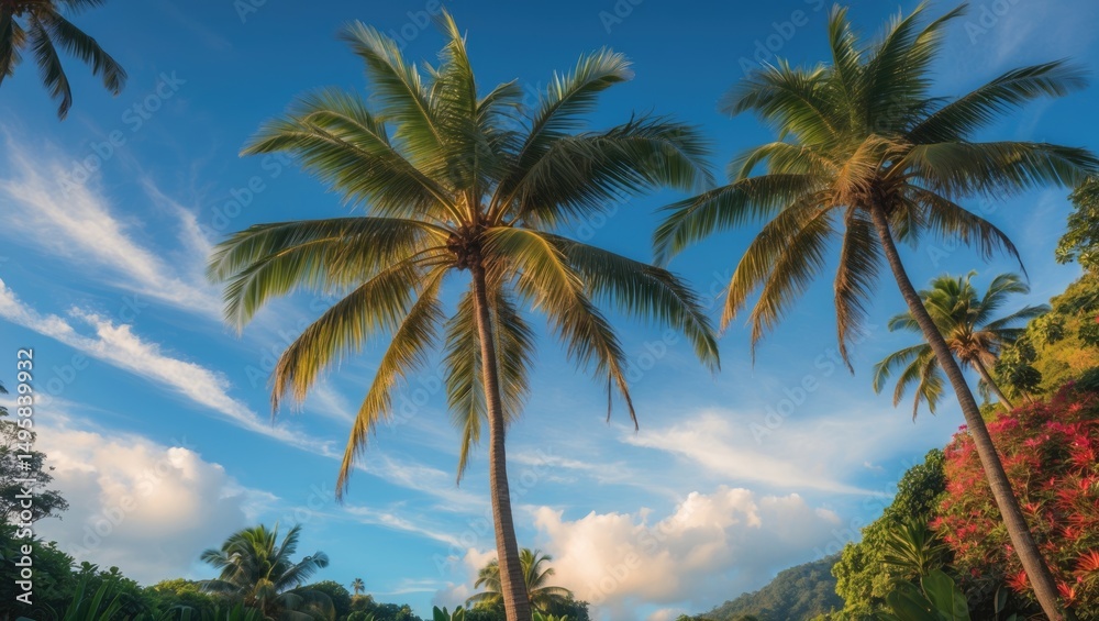 Fototapeta premium Beautiful tropical background featuring a Coconut Palm tree and blue sky.