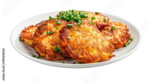 Crispy golden potato pancakes garnished with fresh green onions on a white plate