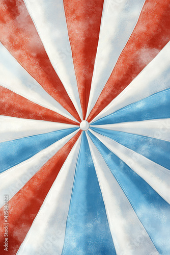 Vibrant red, white, and blue striped parasol design for summer, entertainment, circus-themed background or poster