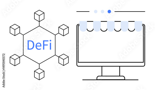 Blockchain nodes connecting to a decentralized financial system DeFi beside a computer monitor with a simplified online storefront header. Ideal for blockchain, fintech, crypto, web3, e-commerce