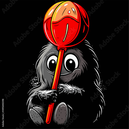 Adorable fuzzy creature holding a giant lollipop