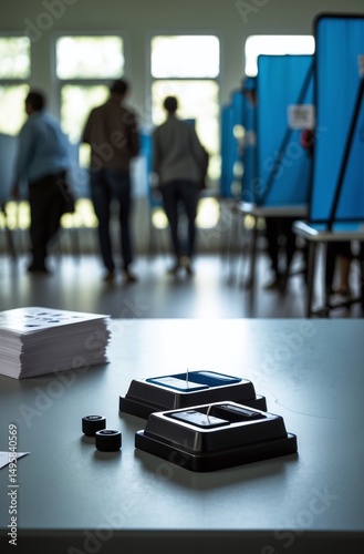Traditional Voting Station with Ink Stamps and People in Background Blur