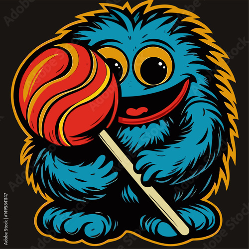 Adorable blue fuzzy monster holding a large lollipop