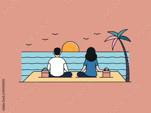 Couple Silhouetted Against a Vibrant Sunset by the Ocean