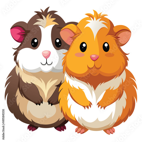 Two adorable guinea pigs with different colorings snuggle closely together with white background