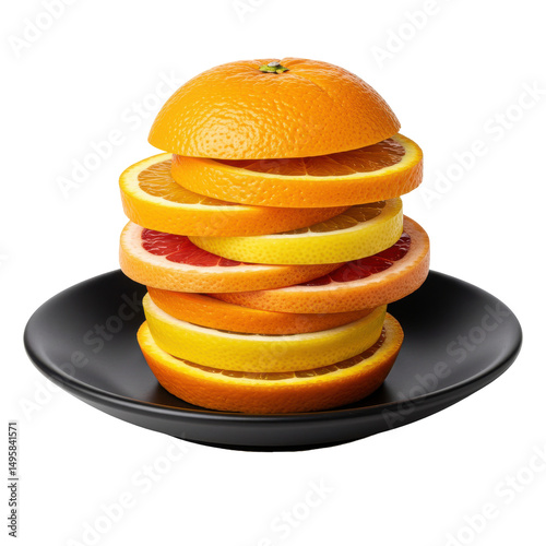 Citrus fruits stacked artistically on black plate with colorful, layered fresh cut pieces