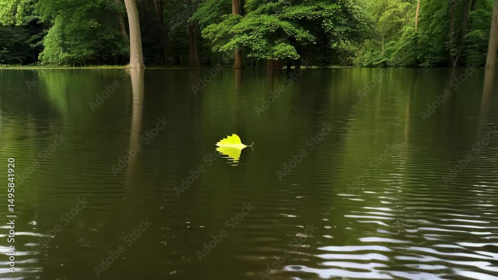 Ginkgo leaf floating on a still pond surrounded by green trees in a forest during the day creates a tranquil natural scene.