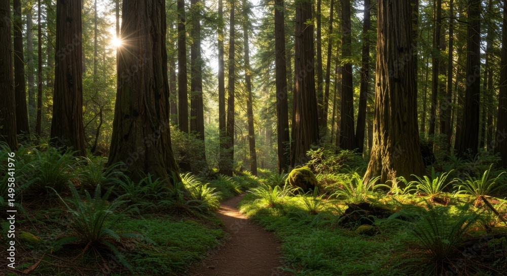 Fototapeta premium Redwood forest pathway at dawn