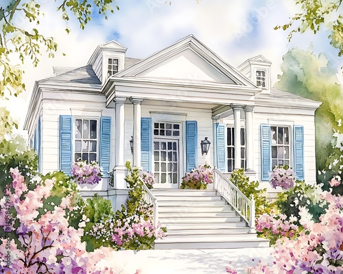 Watercolor charming Colonial house with pale blue shutters, white exterior, and large front steps leading to the entrance, surrounded by blooming flowers, HD clarity