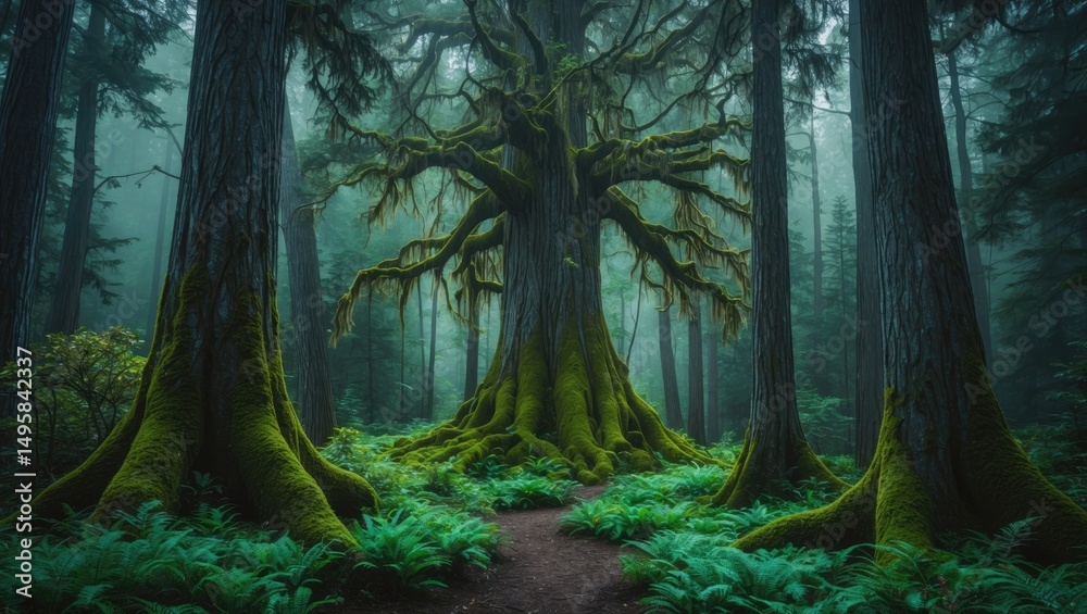 Obraz premium Whimsical storybook forest. Pine forest draped in lush moss. Mysterious setting.