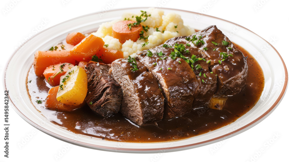 Savory roast beef with vegetables and mashed potatoes on a white plate Savory roast beef with vegetables and mashed potatoes on a white plate