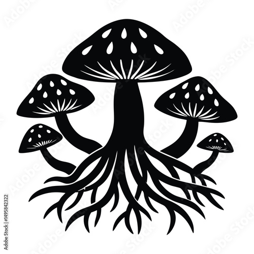 mushroom and tree roots entangled white background.