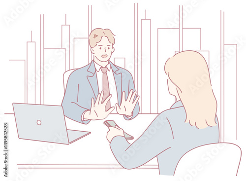 This is a professional dialogue scene that illustrates a man and a woman engaged in a business meeting setting