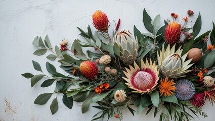 Gorgeous flat lay composition of mainly native flowers, such as protea, banksia, and kangaroo paw, accompanied by eucalyptus leaves and gum nuts against a rustic white surface.