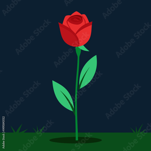 A single scarlet rose blooming in clean garden grass vector illustration
