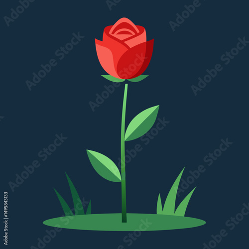 A single scarlet rose blooming in clean garden grass vector illustration