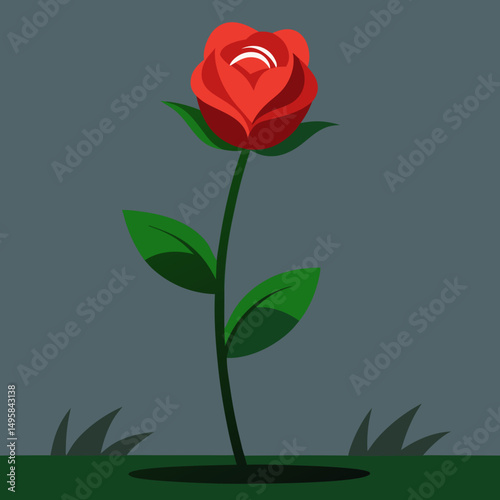 A single scarlet rose blooming in clean garden grass vector illustration