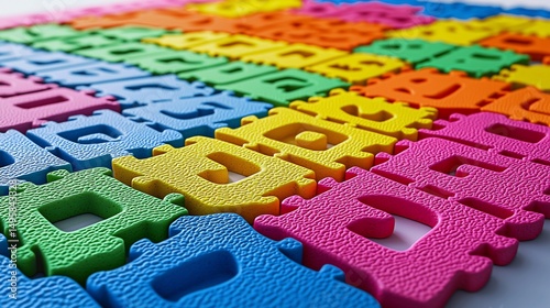 Isolated 3D render of foam play mat with interlocking alphabet tiles arranged flat on white background
