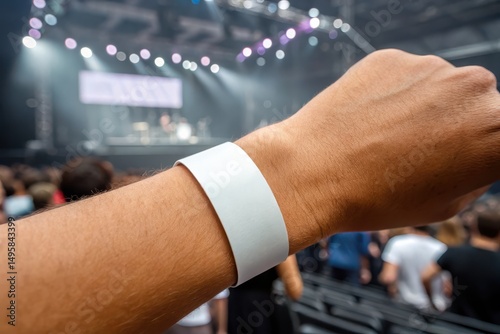 Blank paper wristband Mockup. A wrist with a white band in a lively concert atmosphere, capturing the excitement of the event.