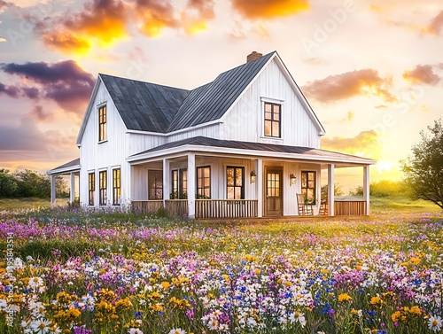 Watercolor Colonial farmhouse with wide porch, wooden exterior painted in soft white, surrounded by a field of wildflowers, gentle sunset light, HD clarity