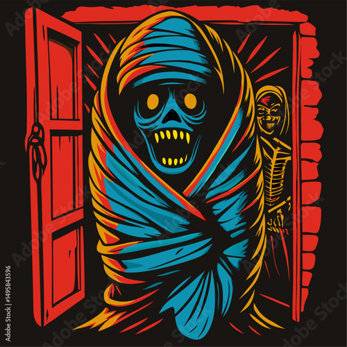 Glowing eyed mummy emerging from a dark doorway