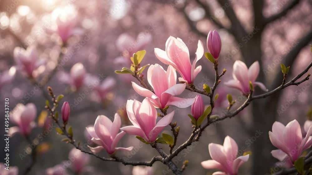 Magnolia tree blossoms. Delicate pink petals.