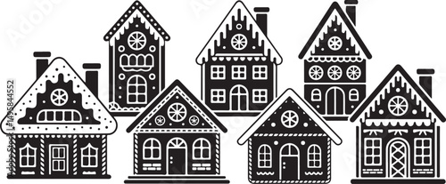 Six Black and White Gingerbread Houses Christmas Village Illustration
