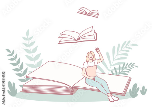 A tranquil and serene scene showcasing a young woman deeply engaged in reading on a giant book, embraced by nature