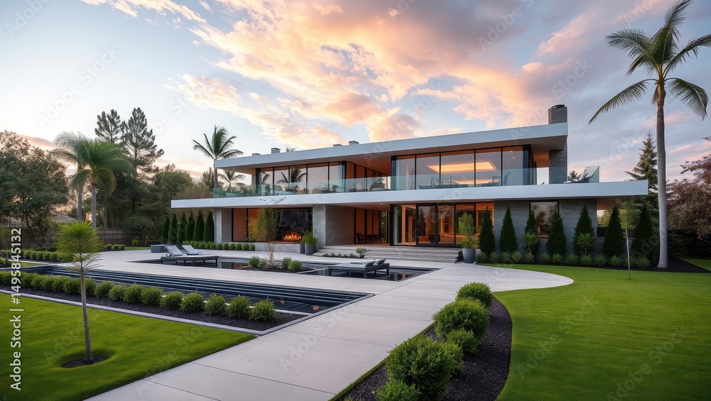 Fototapeta premium Modern luxury home with pool and landscaping design at sunset for real estate and architecture lovers