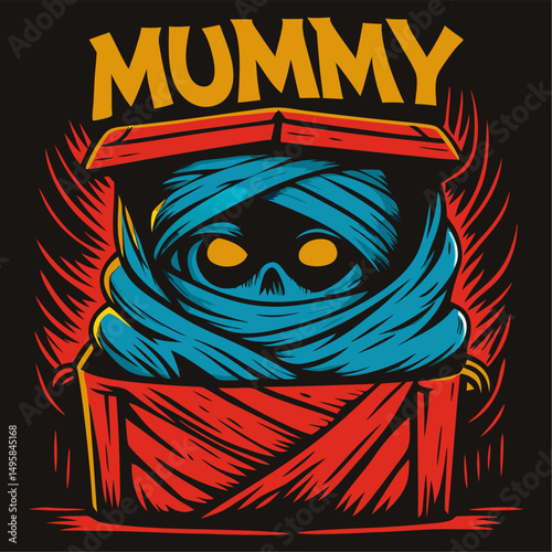 Cartoon mummy emerging from a wooden coffin illustration