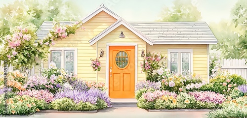 Watercolor cottage with a bright orange door, pale yellow exterior, and blooming flower beds in front, watercolor effect in soft springtime shades of pink, lavender, and green, HD clarity