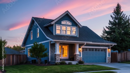 Blue craftsman home exterior with garage and lush lawn at sunset real estate property listing photo