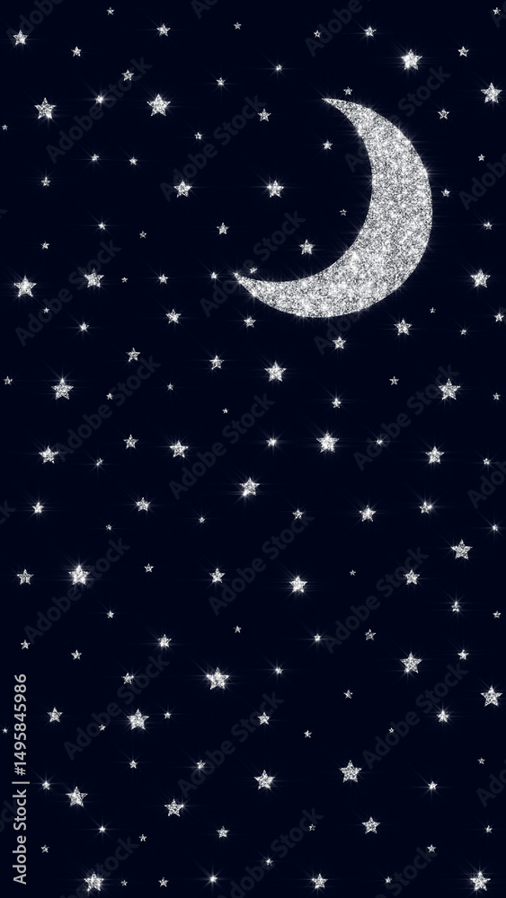 Naklejka premium moon and stars shiny glitter glowing on night sky , kids lullaby and nursery rhyme vertical social media background