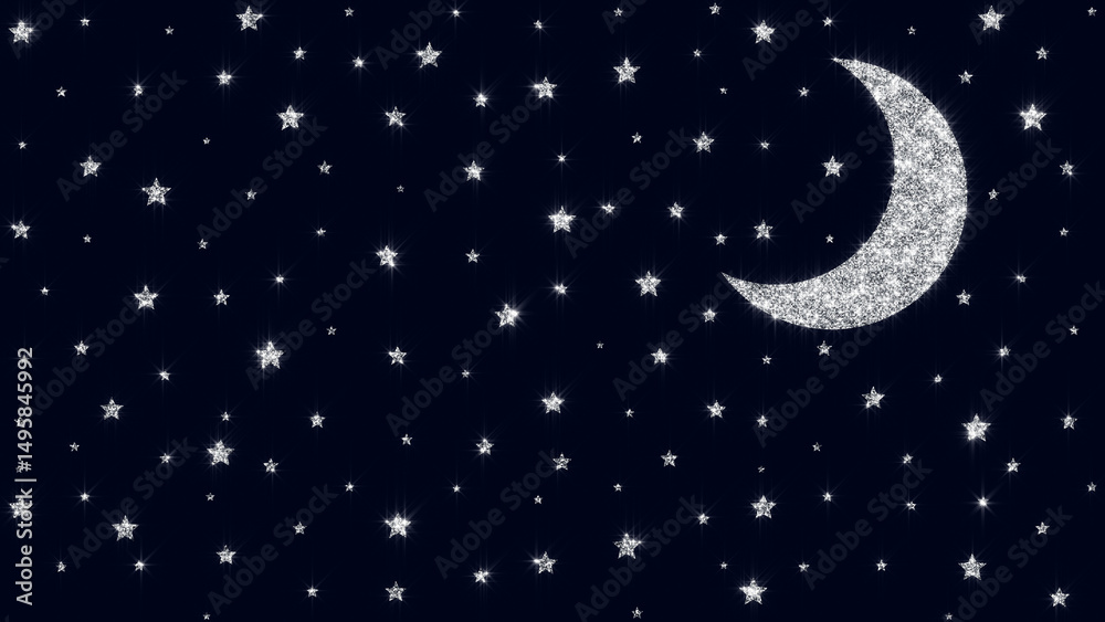 Fototapeta premium moon and stars shiny glitter glowing on night sky , kids lullaby and nursery rhyme background