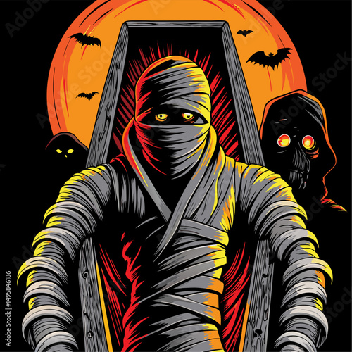 Halloween mummy rising from coffin with spectral figures