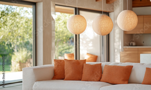 Colorful Throw Pillows and Cozy Sofa Interiors – Modern Home Decor Photography. AI generative.