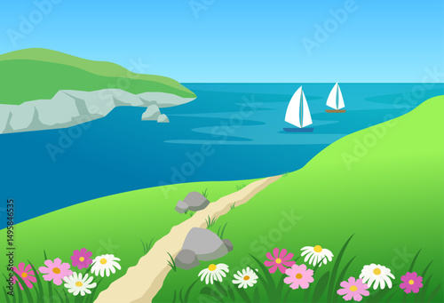 Blue sea and flower meadow on a green hill. Tranquil peaceful nature cartoon vector illustration. Picturesque view, sailboats in azure bay, rocky island on a background. Mountain path on a foreground.
