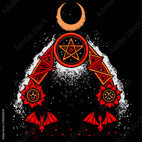 Occult pentagram design with crescent moon and bats