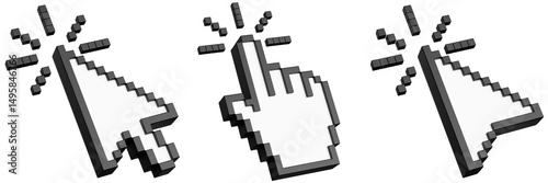 Computer mouse click cursor isolated on transparent background. Cursor icon click set. Pixelated 3d hand mouse, hand pointer