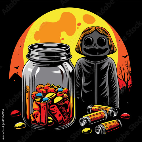 Spooky halloween illustration featuring a skeleton child and candy jar