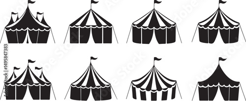 Collection of Circus Tent Icons Black and White Illustrations