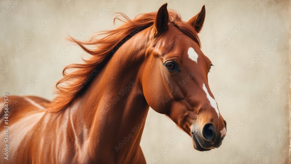 Fototapeta premium Classic portrait of a chestnut horse, featuring space for text.