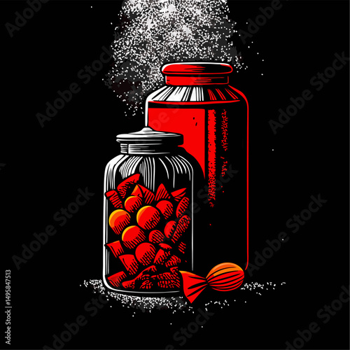 Vintage illustration of red candies in glass jars on black background