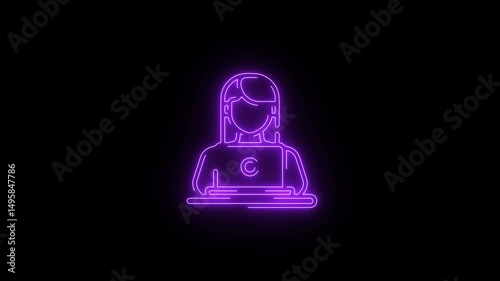 Glowing neon woman working on computer icon animation on black background 4k animation video for technology concept