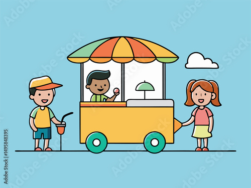 Happy Children at a Colorful Ice Cream Cart on a Sunny Day