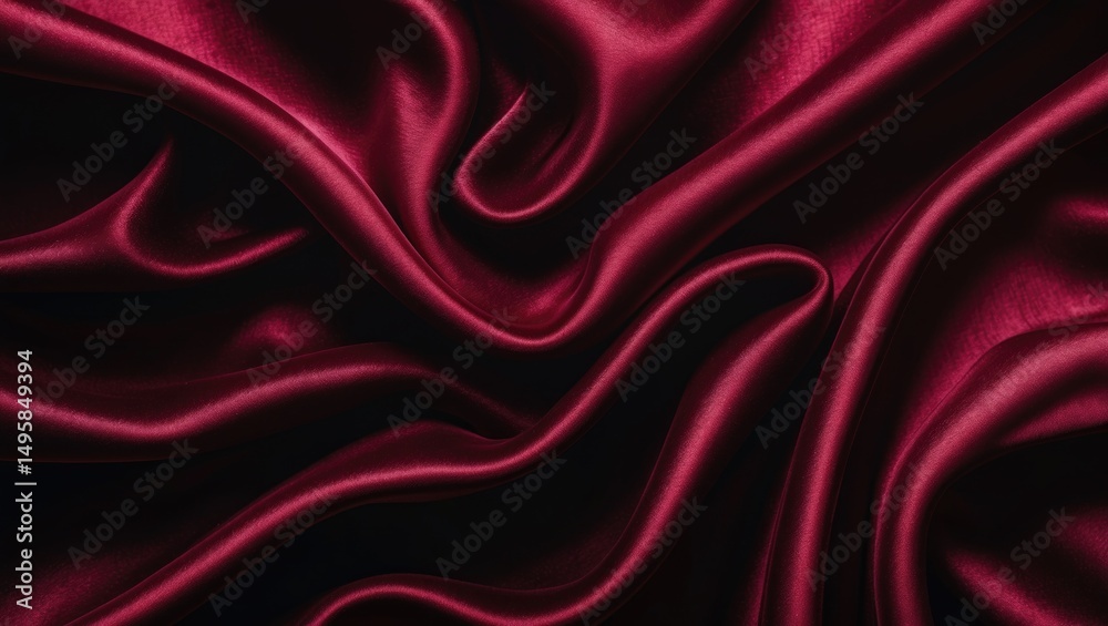 Obraz premium Deep red abstract backdrop featuring burgundy, maroon, cherry, and crimson tones. Satin silk velvet fabric. Rich elegance. Flowing curtain drapery with folds and waves. Design