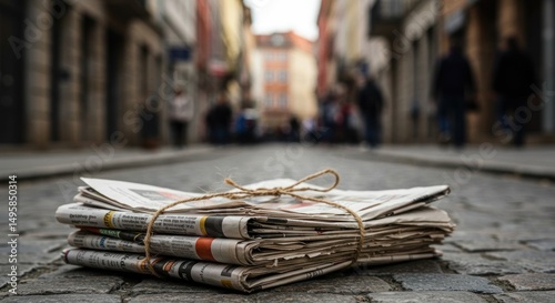 Stack of Newspapers on Cobblestone Street, News in the City, Photo