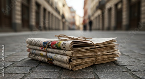 Stack of newspapers tied with string on a cobblestone street, a photo